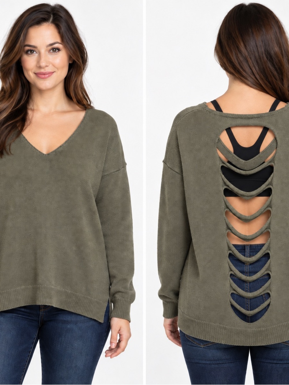 Express Olive Green Open Ladder Back Oversized Sweater Medium